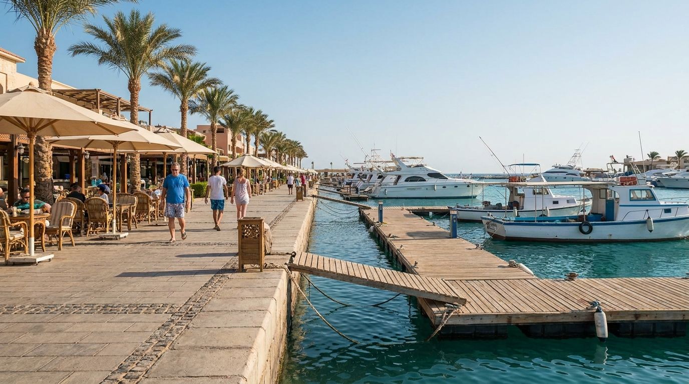 Přístav Marina v Hurghadě s bílými jachtami a promenádou plnou restaurací
