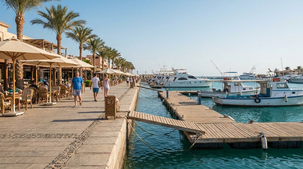 Přístav Marina v Hurghadě s bílými jachtami a promenádou plnou restaurací