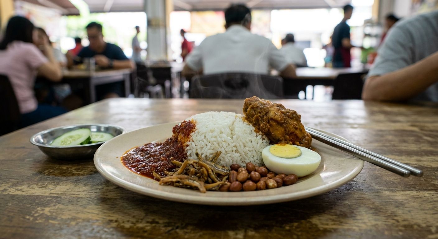 Tradiční malajské jídlo nasi lemak s&nbsp;rýží a&nbsp;přílohami